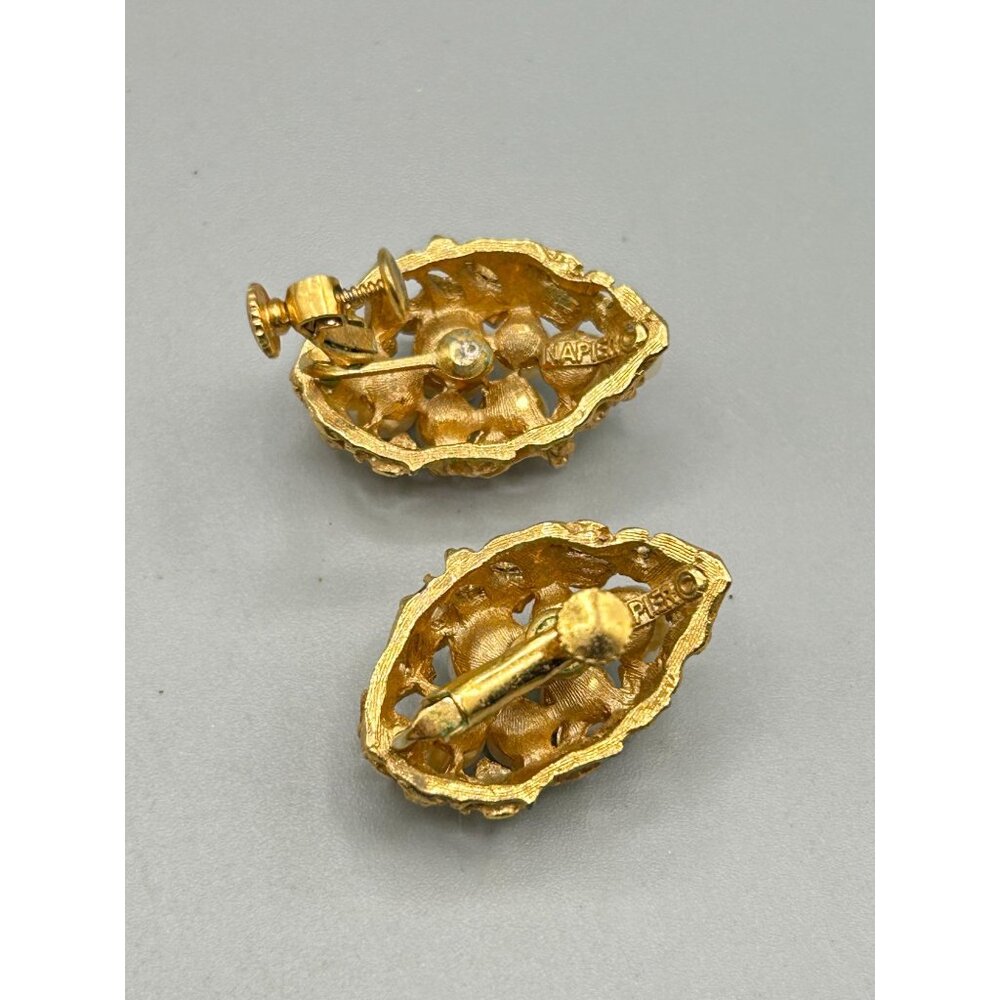 Vintage Napier Gold Tone Clip On Earrings with Faux Pearls Cluster - Picture 6 of 7